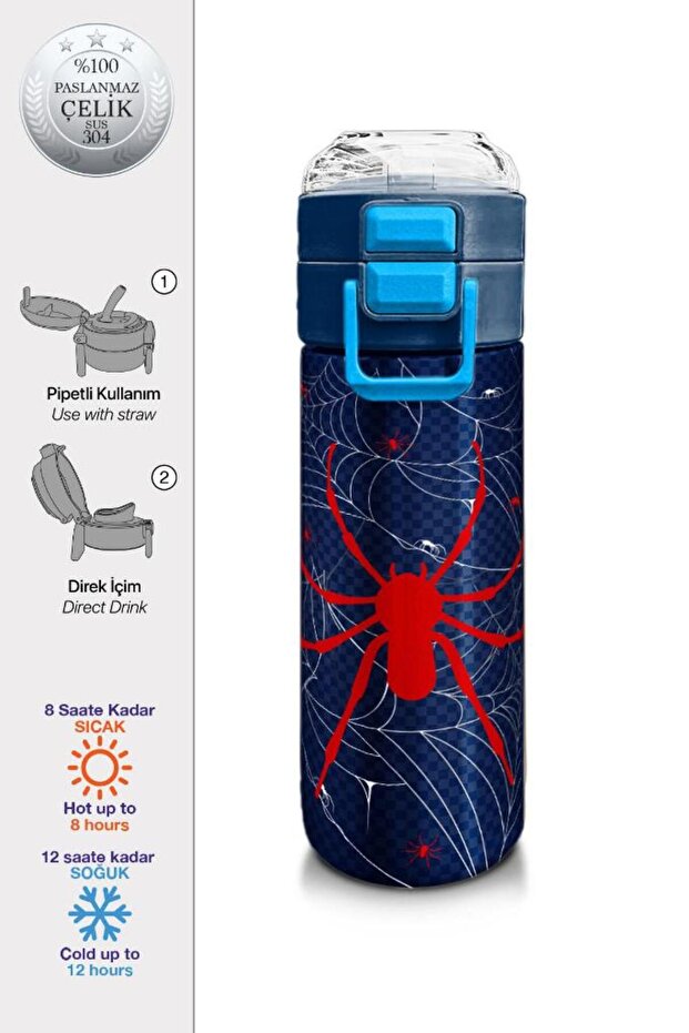 Kids Navy Blue Red Spider Patterned Steel Thermos with Straw and Direct Drinking 500 ml 31931