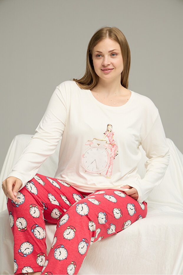 Ecru Patterned Curve Large Size Oversized Oversized Cotton Pajama Set25240780 - 1