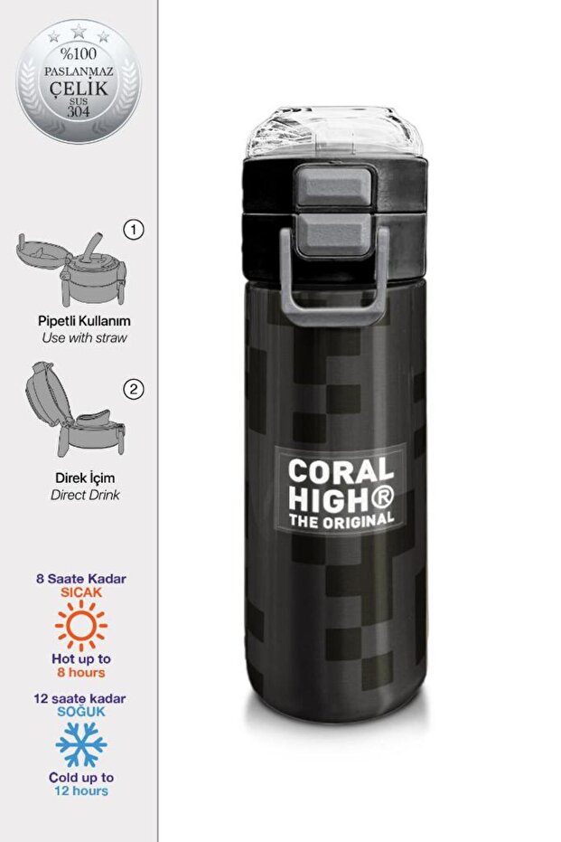 Kids Black Block Patterned Steel Thermos with Straw and Direct Drinking 500 ml 31894