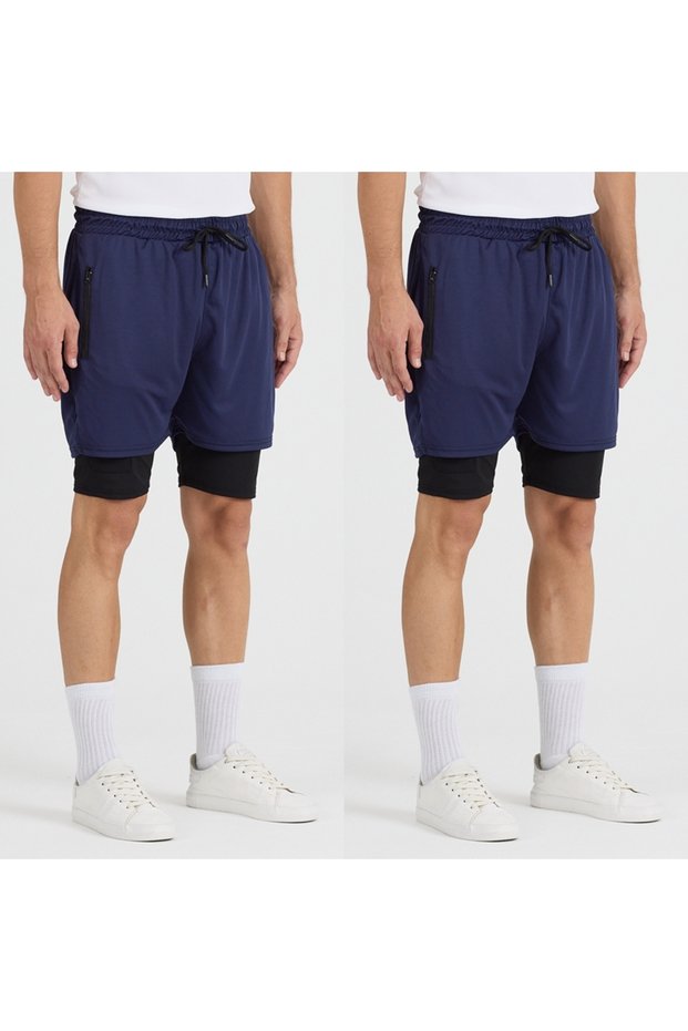 Set of 2 Men's Quick Dry Zippered Training Field Fitness Sports Shorts with Short Leggings