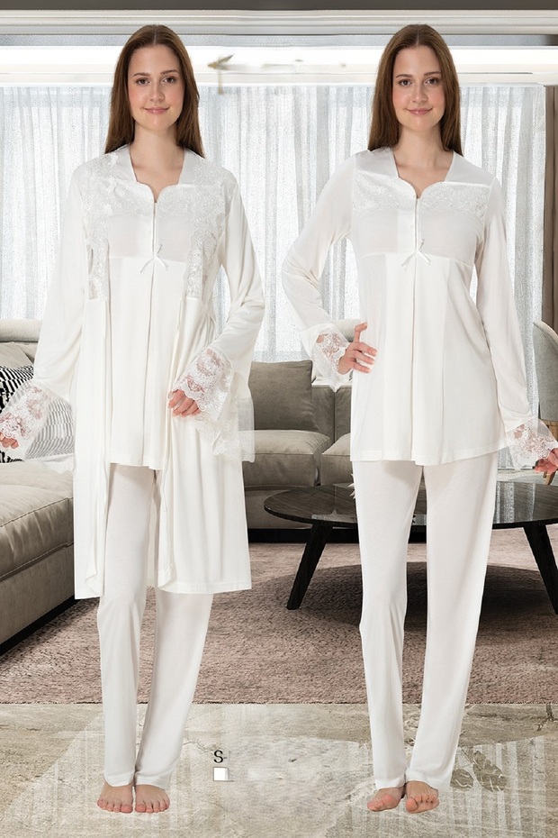 Effortt Maternity Maternity Lace Long Sleeve Pajama Set and Dressing Gown 4084