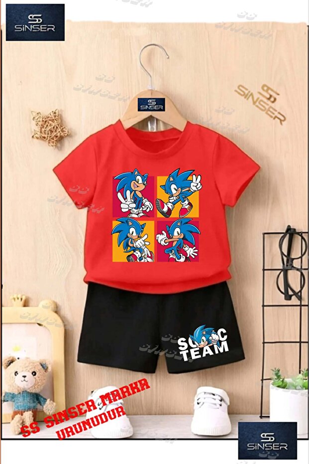 Children's Unisex “Sonic 4 Square Photo Icing“ Custom Printed Crew Neck T-Shirt - Shorts Set