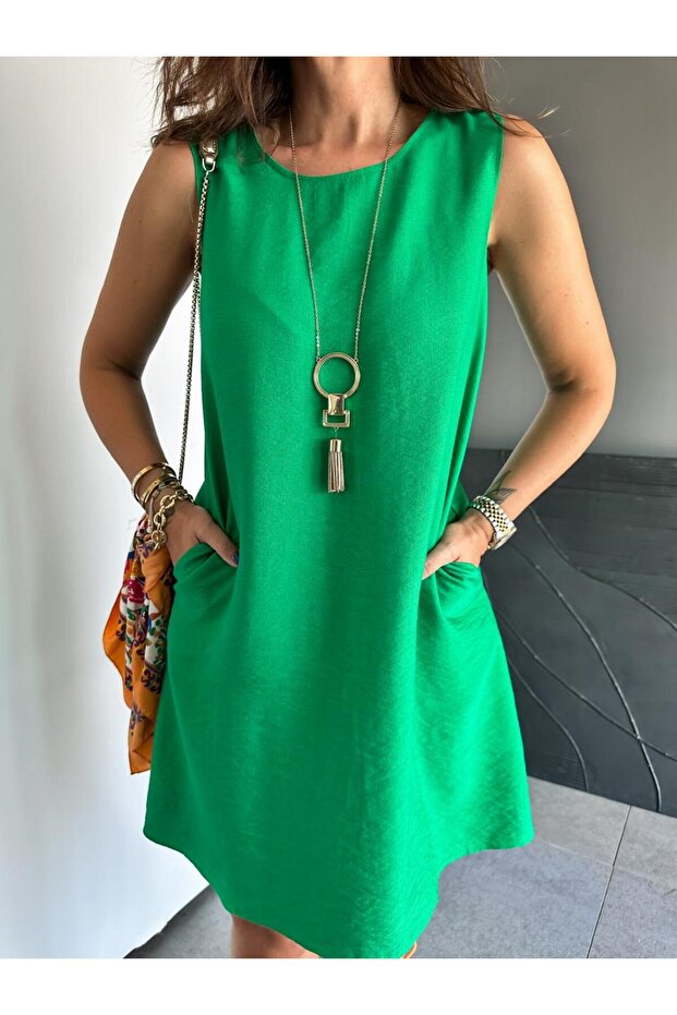 Yeşil Cepli Basic Cotton Elbise - 7