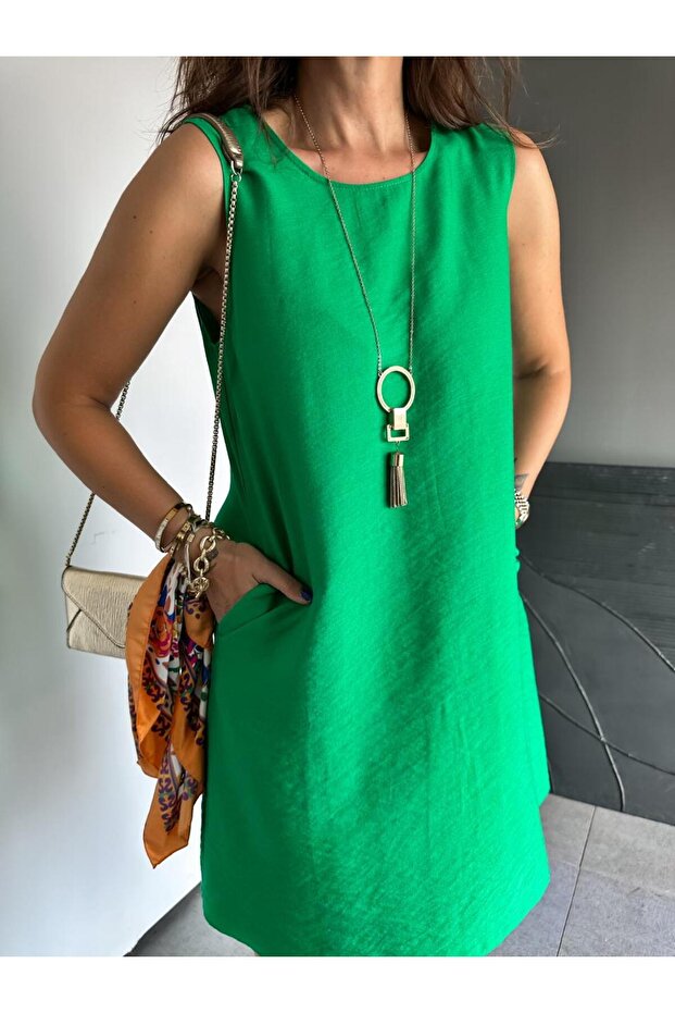 Yeşil Cepli Basic Cotton Elbise - 8
