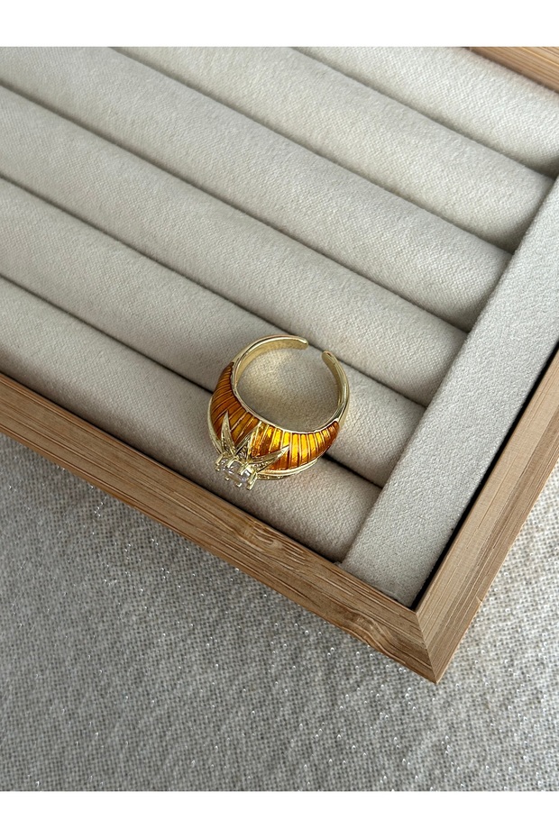 Orange Enamel Round Stone Ring - 3