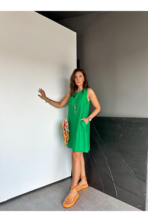 Yeşil Cepli Basic Cotton Elbise - 3