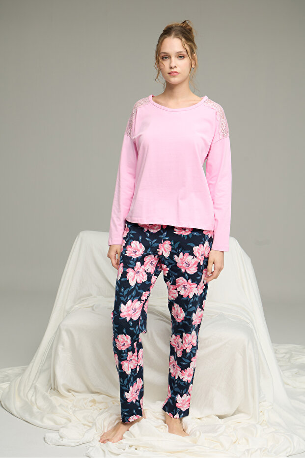 pembe desenli Örme Pamuklu Pijama Takım25240203 - 2