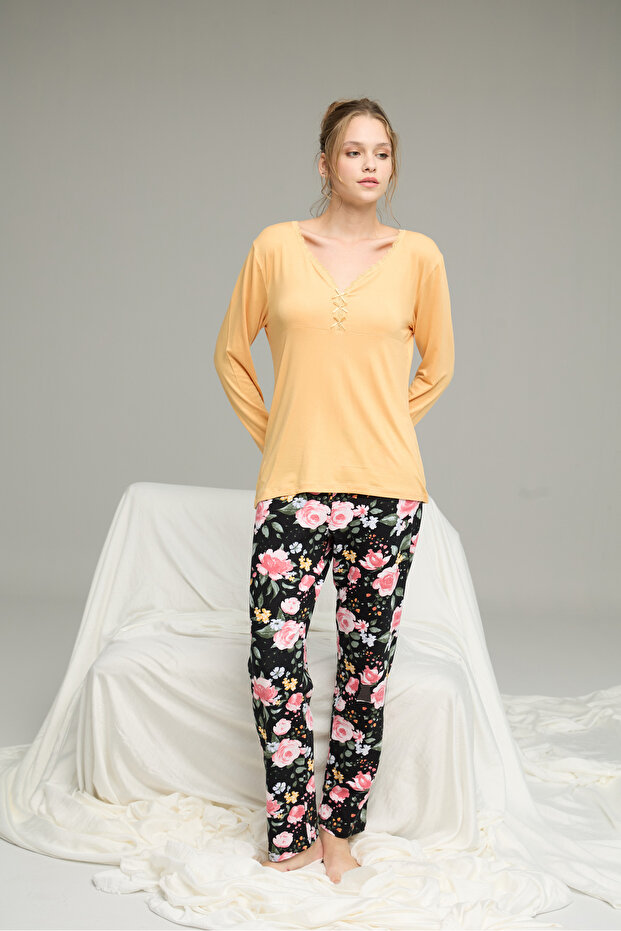sarı desenli Örme Pamuklu Pijama Takım25240202 - 2