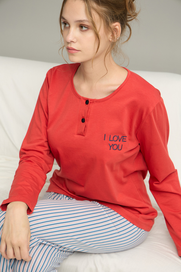 kiremit çizgi desenli Örme Pamuklu Pijama Takım25240260 - 1