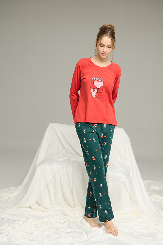 kiremit desenli Örme Pamuklu Pijama Takım25240197 - 2
