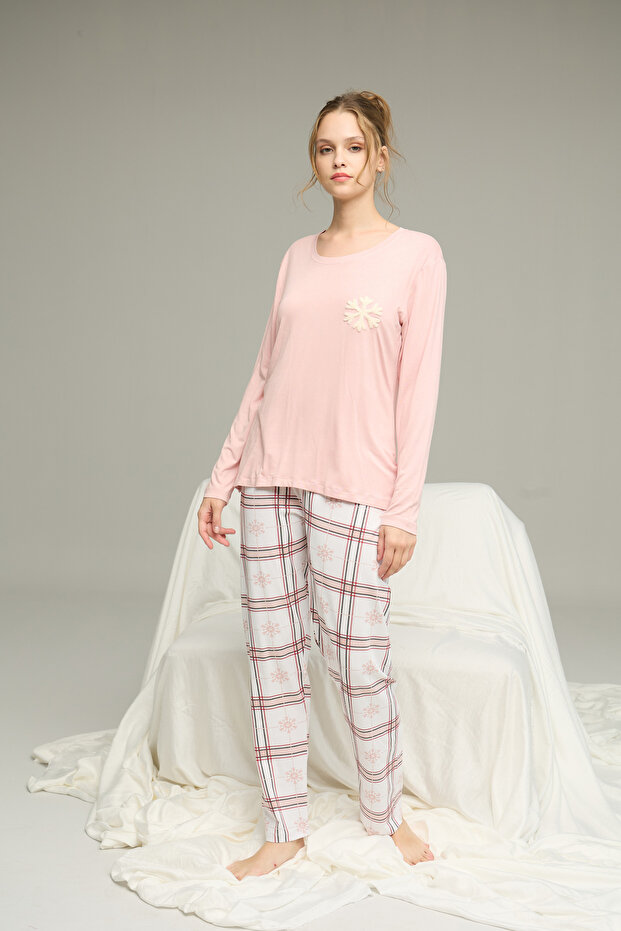 pudra ekose desenli Örme Pamuklu Pijama Takım25240274 - 2