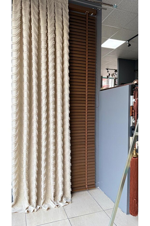 Linen Textured Tasseled Ecru Panel Background Curtain Luxury Single Wing 1/3 Tight Pleated