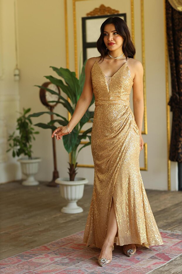 Gold V Yaka Pullu Payet Elbise - 1