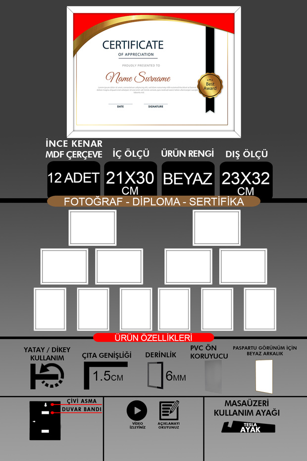 12 قطعة إطار 21x30 - إطار A4 ذو شرائح رفيعة - إطار أبيض - إطار شهادة الصور