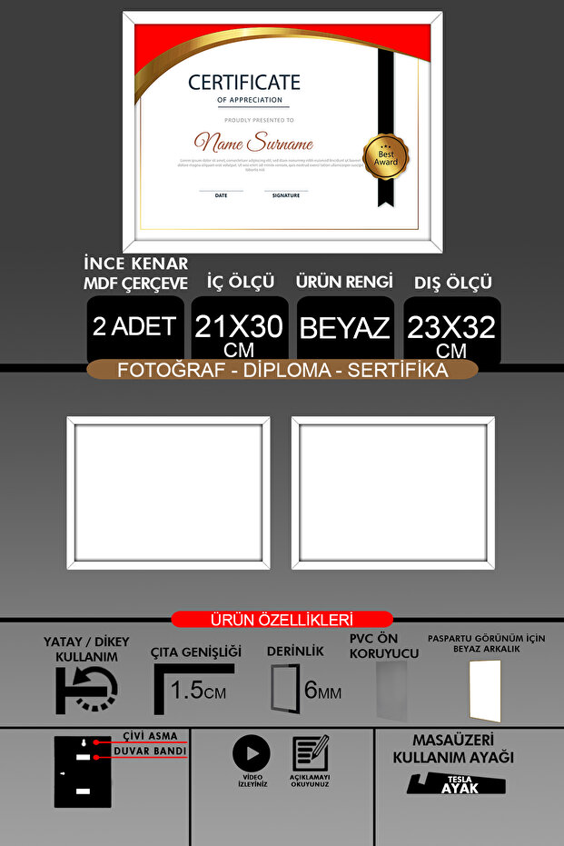 2 قطعة إطار 21x30 - إطار A4 ذو شرائح رفيعة - إطار أبيض - إطار شهادة الصور