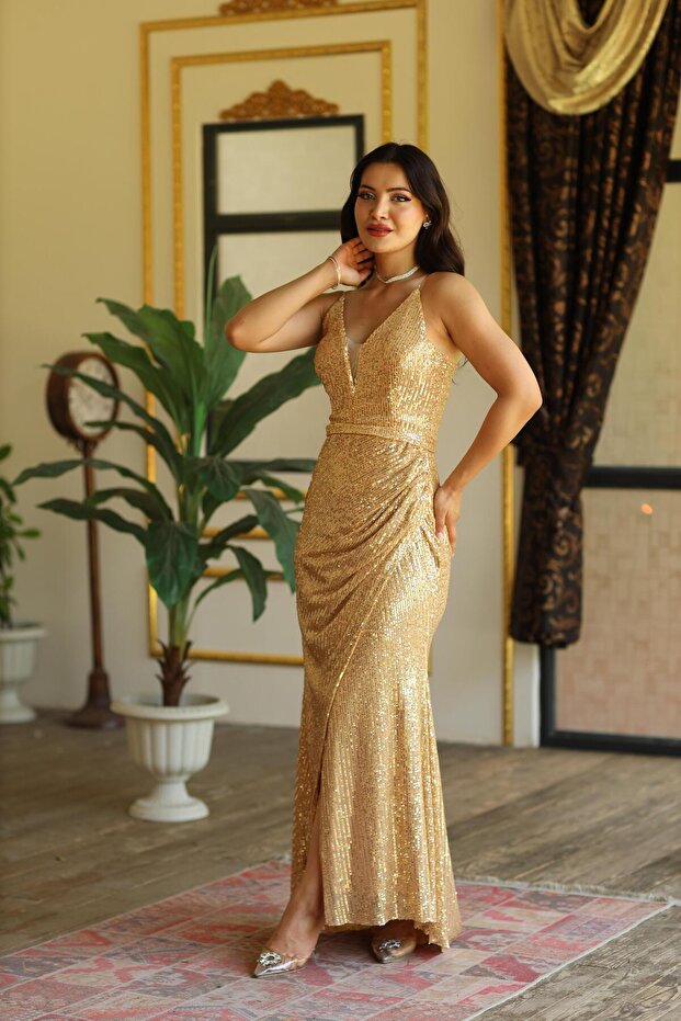 Gold V Yaka Pullu Payet Elbise - 2