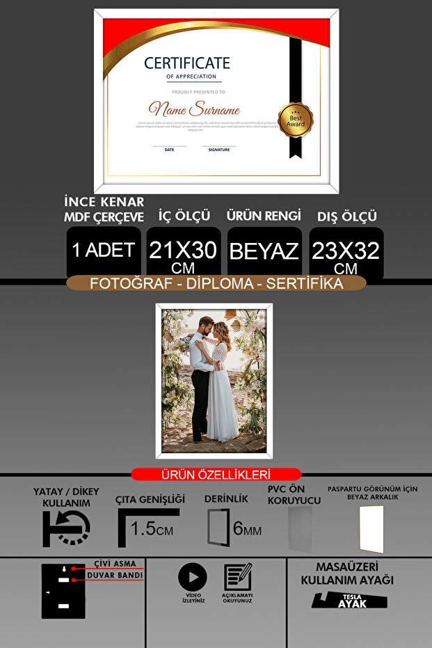 1 قطعة إطار 21x30 - إطار A4 ذو شرائح رفيعة - إطار أبيض - إطار شهادة الصور