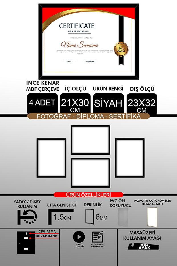 4 قطع إطار 21x30 - إطار A4 ذو شرائح رفيعة - إطار أسود - إطار شهادة الصور