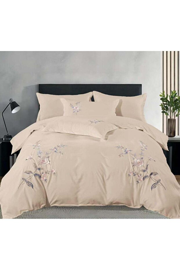 6Pc Embroidered Royal Collection Cotton Floral King Size Beige Comforter Set