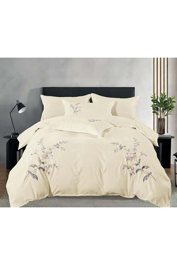 6Pc Embroidered Floral Royal Collection Cream King Size Comforter Set