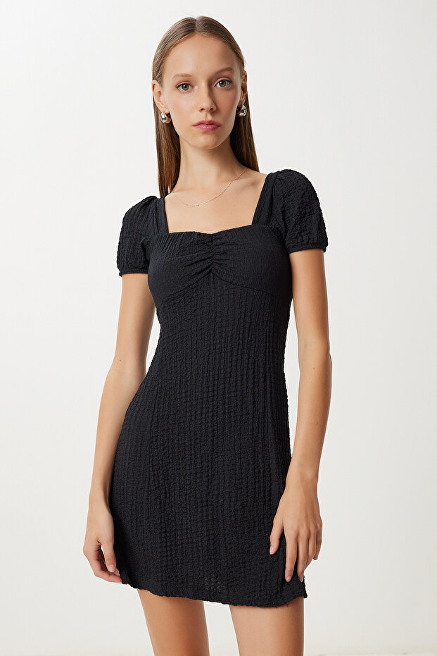 Textured Summer Mini Knitted Dress Lub0182 Black