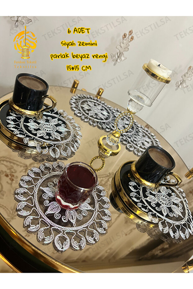 Cocktail Napkin, Coffee Side Presentation Holder, Coaster 6 Pieces Presentation Napkins Black Background White Embroidery