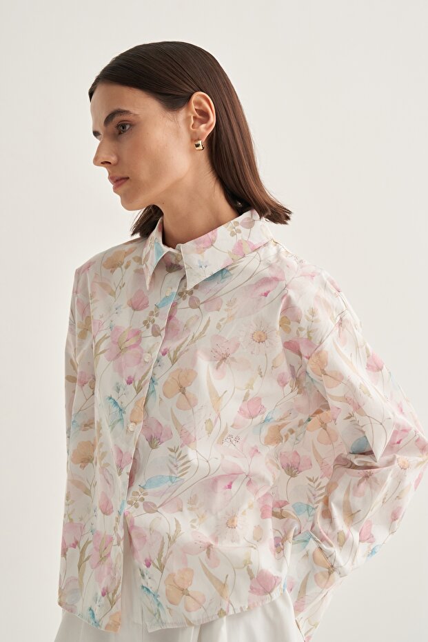 Kadın Poplin Oversize Kısa Gömlek Spring Desen Ekru - 2