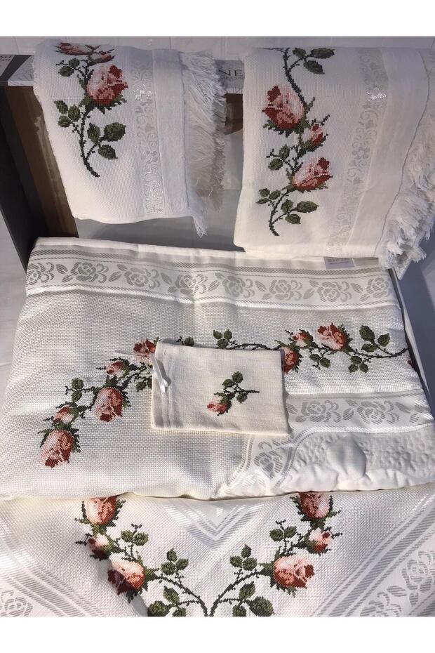 Dowry 6 Piece Floral Embroidered Etamine Prayer Rug Set Bundle Set