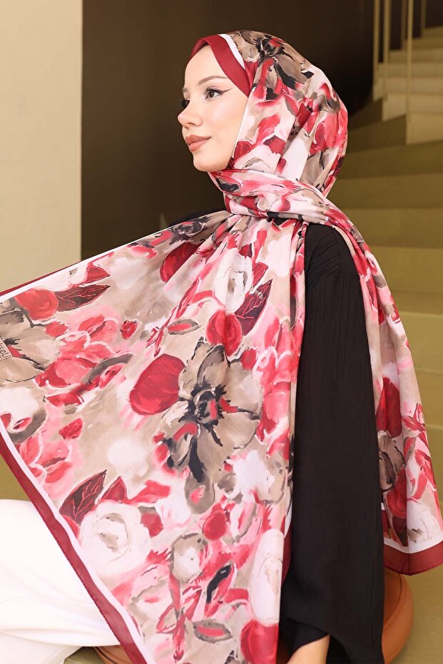 شال منقوش عنابي IPK113 - 1