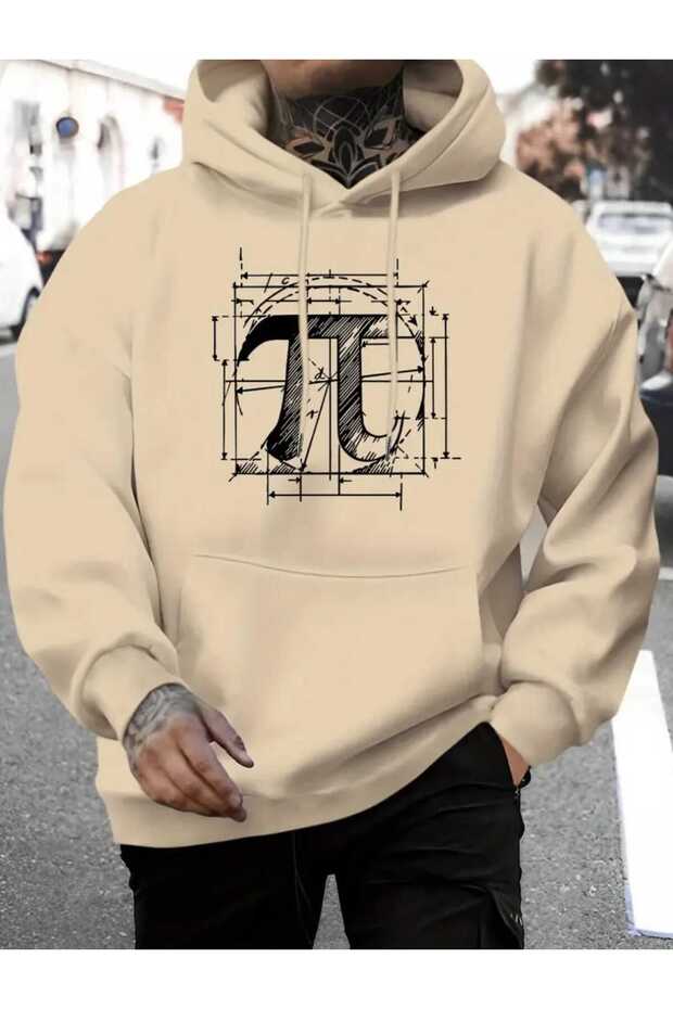 Pi Number Printed Hooded Pocket Cotton Beige Sweatshirt