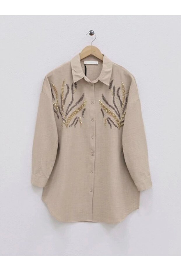 قميص طويل مزين بالترتر على المقدمة - مينك - 1