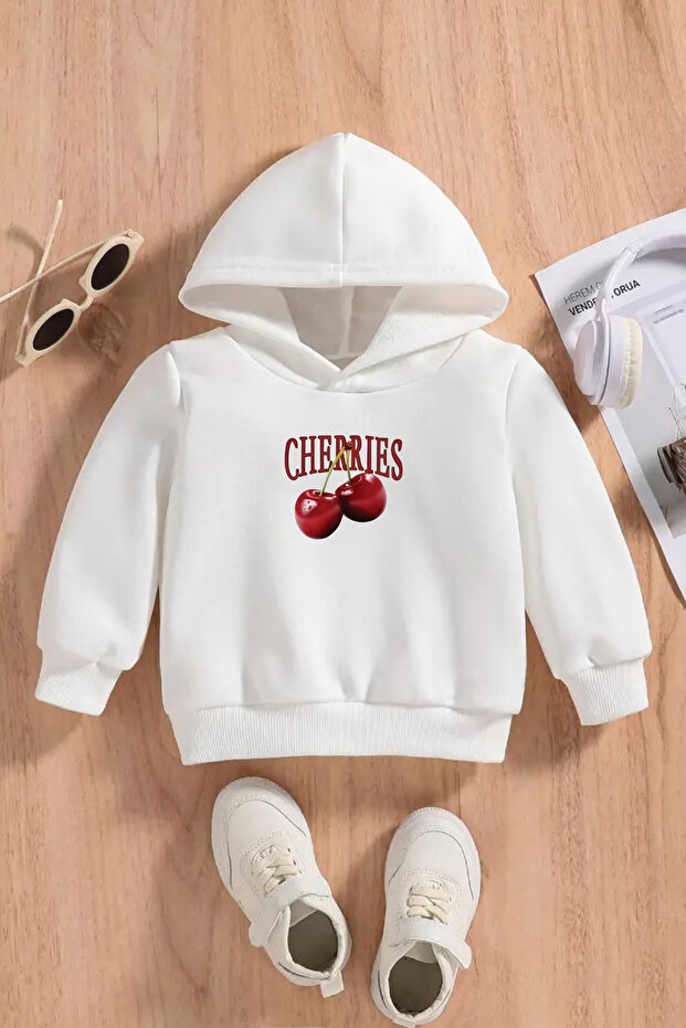 سويت شيرت أبيض بغطاء رأس للأطفال - قماش سميك مطبوع عليه CHERRIES