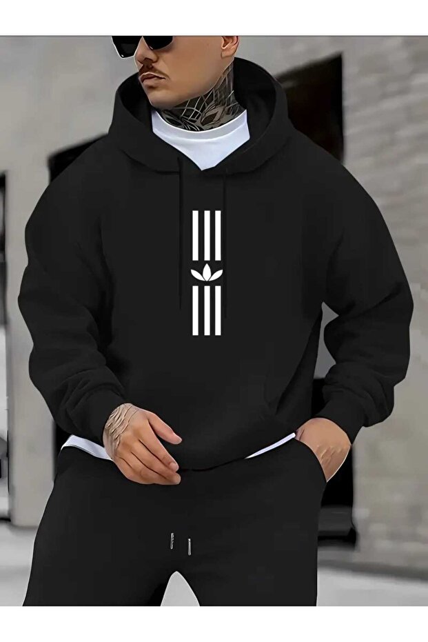 Vertical Three Line Printed Hooded Pocket Cotton Black Sweatshirt