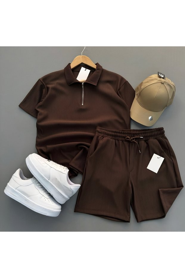 Ribbed Ottoman Premium Fabric Half Zipper Unisex T-Shirt and Shorts Set of 2