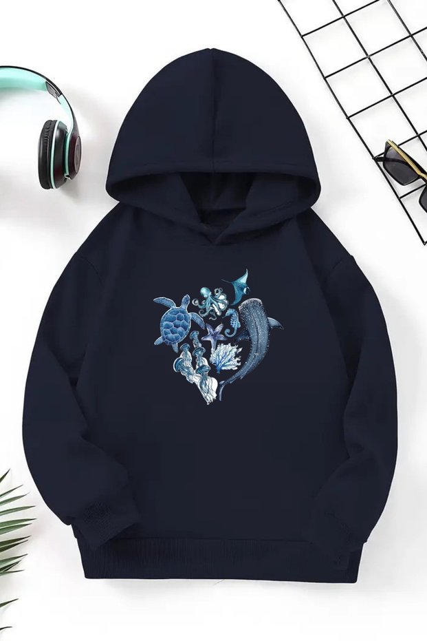 Unisex Navy Blue Children's Hooded Sweatshirt – Sea Creatures, Printed Thick Fabric