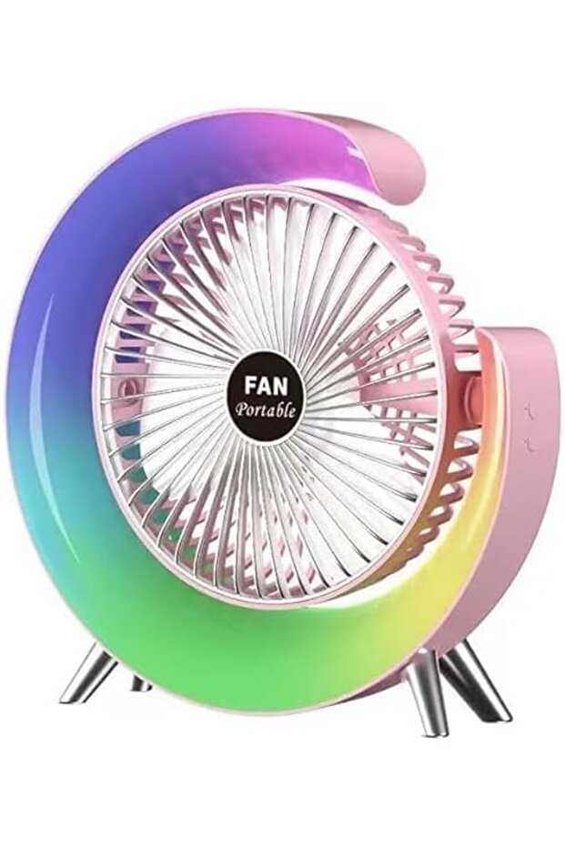 Portable Rechargeable Mini Desk Fan with Colorful LED Light, 3 Speed Modes, USB Charging, and 4 Hour