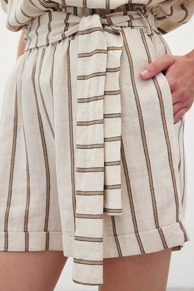 Çizgili Keten Şort - Camel - 6