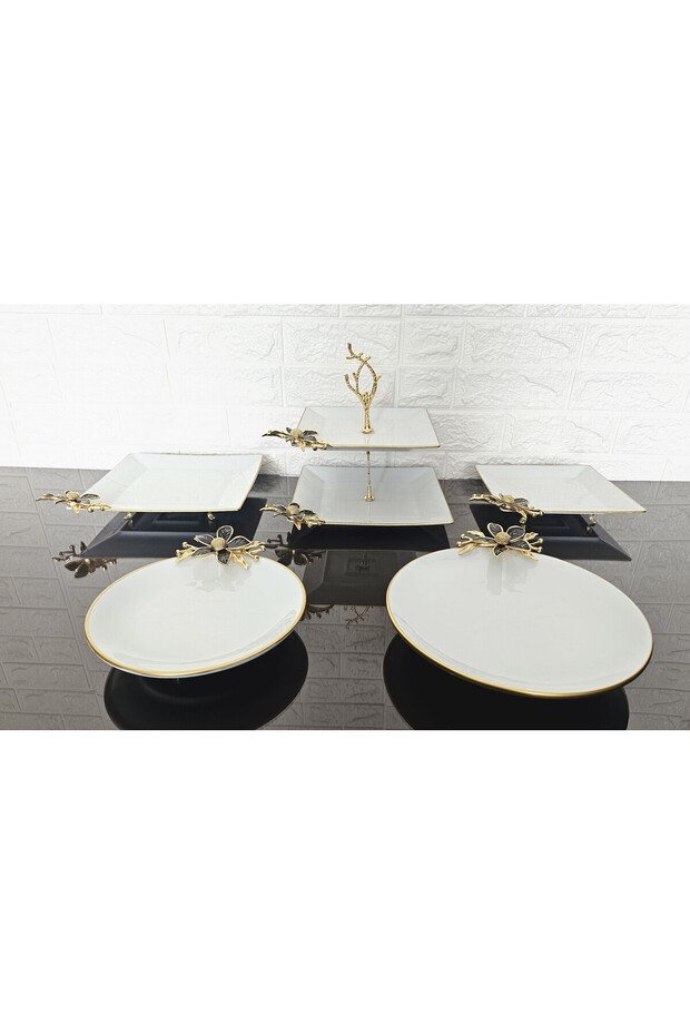 Porcelain 5 Piece Presentation Plate & Cookie Plate & Footed Presentation Plate Set Papatya Black Cast