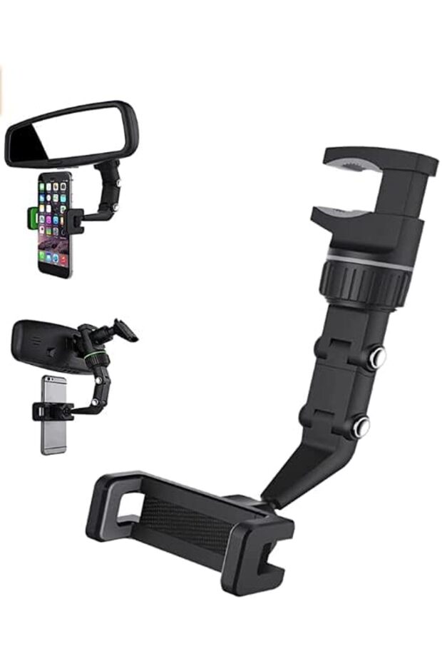 Car Rearview Mirror Phone Holder – 360° Rotating Adjustable Cell Phone Mount for Dashboard