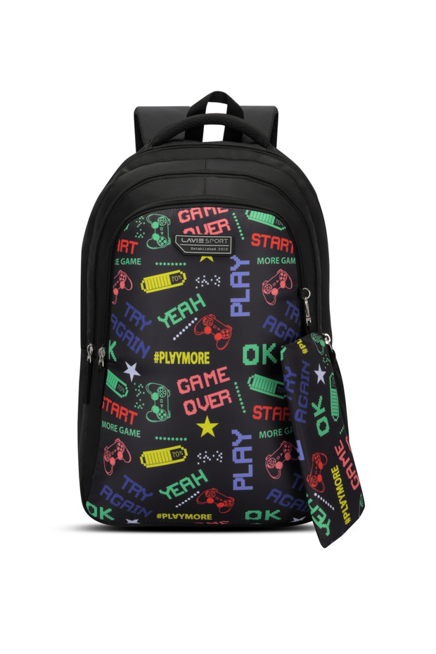 36L Play Backpack | 19 inches | Laptop Compatiable | Pencil Pouch |(Black)
