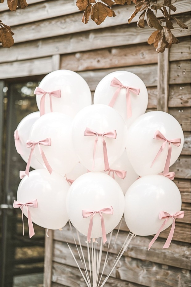 Powder Pink Bow White Balloon Set of 10