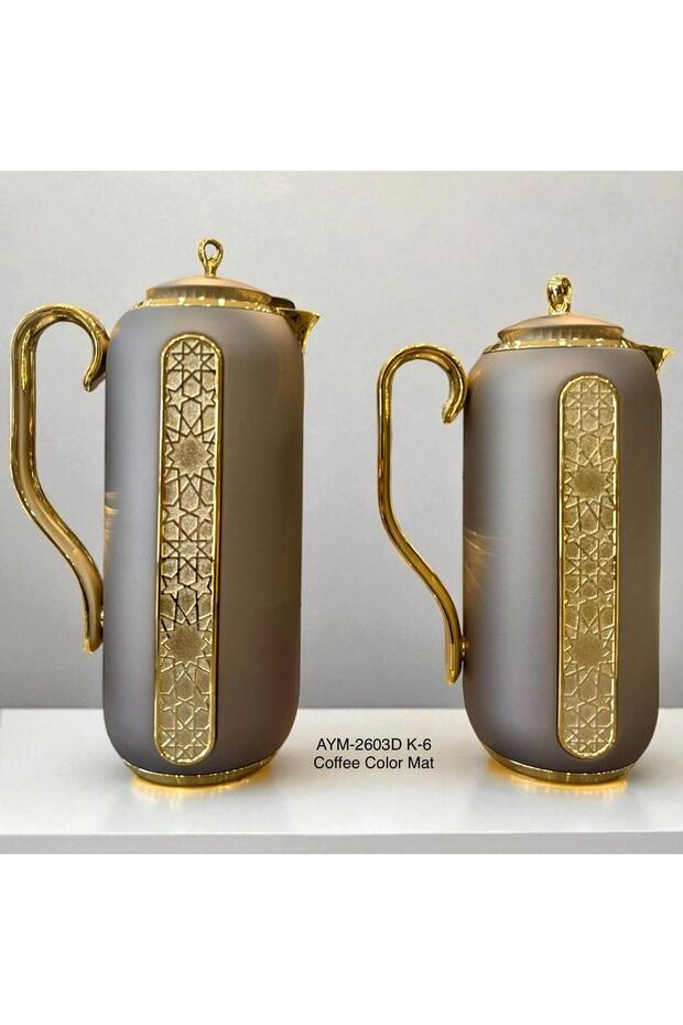 Glass Chamber Gold Star Detail Matte Brown Stylish Thermos Set of Two 1-0.7 Liter