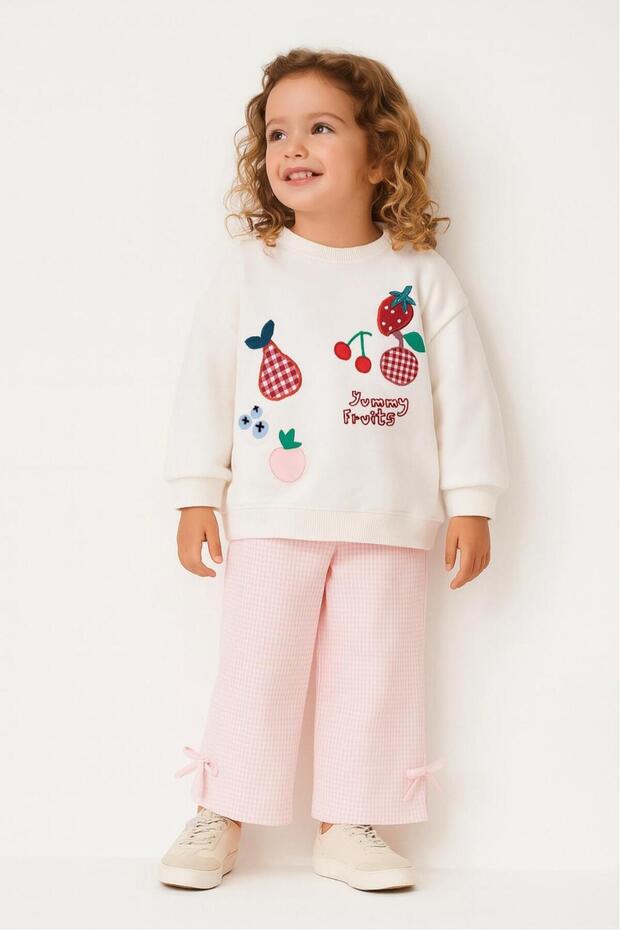 Girls Cotton Ecru Yummy Fruits Sweatshirt and Pink Bow Pants Set - Bottom Top Set