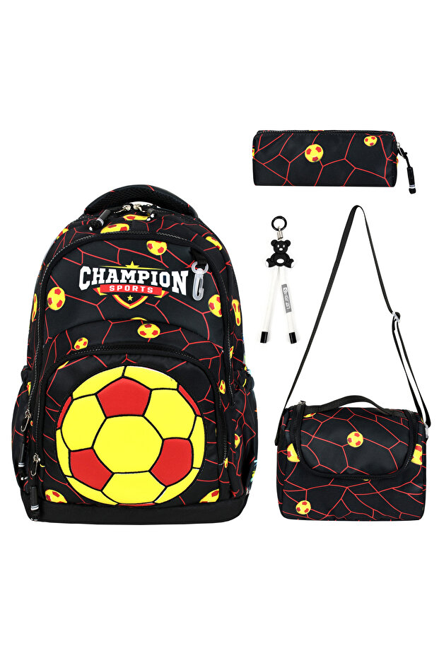 Yellow Red Football Patterned Boy's Primary School Bag (Bag Thermal Lunch Pen Holder)