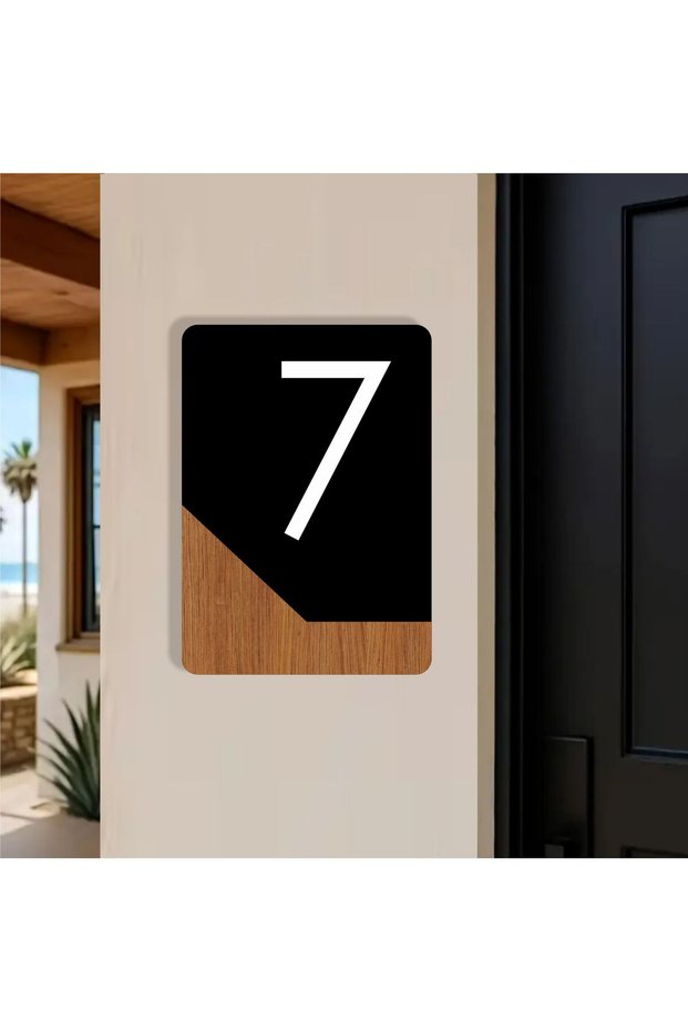 Apartment -Wall - Door - Hotel Number Laser Cutting (Black & Wood 14X10 cm) Number 7 Seven