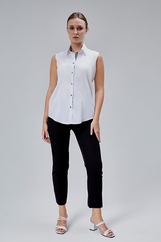 White Cotton Satin Lycra Zero Sleeve King Striped Fabric and Button Detailed Slim Fit Women's Shirt