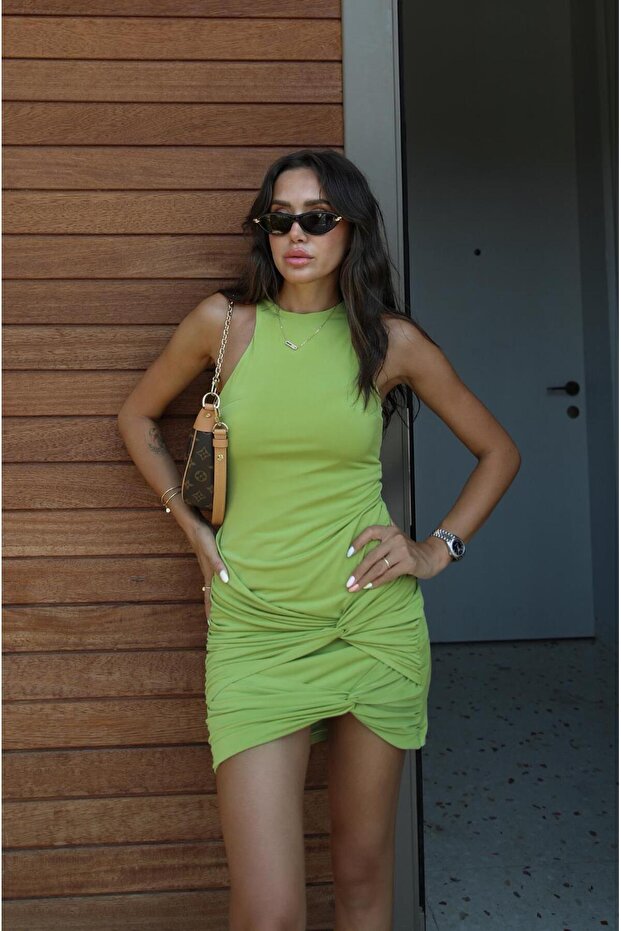 Pistachio Green Knot Detailed Mini Dress