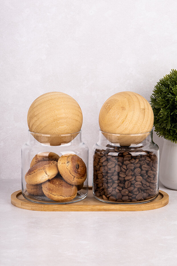 طقم برطمانات خشبية مكونة من قطعتين سعة 500 مل مع حامل من الخيزران