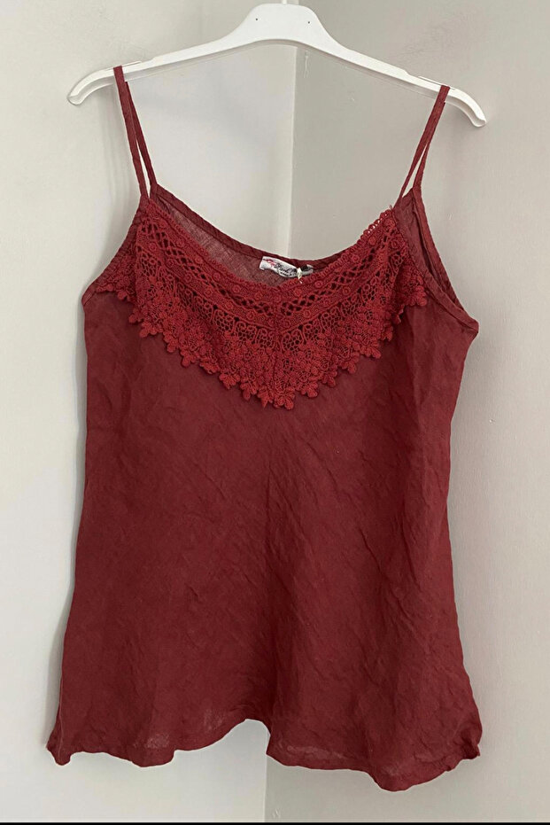 Women's Italian Burgundy Lace Detailed Collar Plain Pattern Sleeveless Strap Zero Sleeve Linen Blouse
