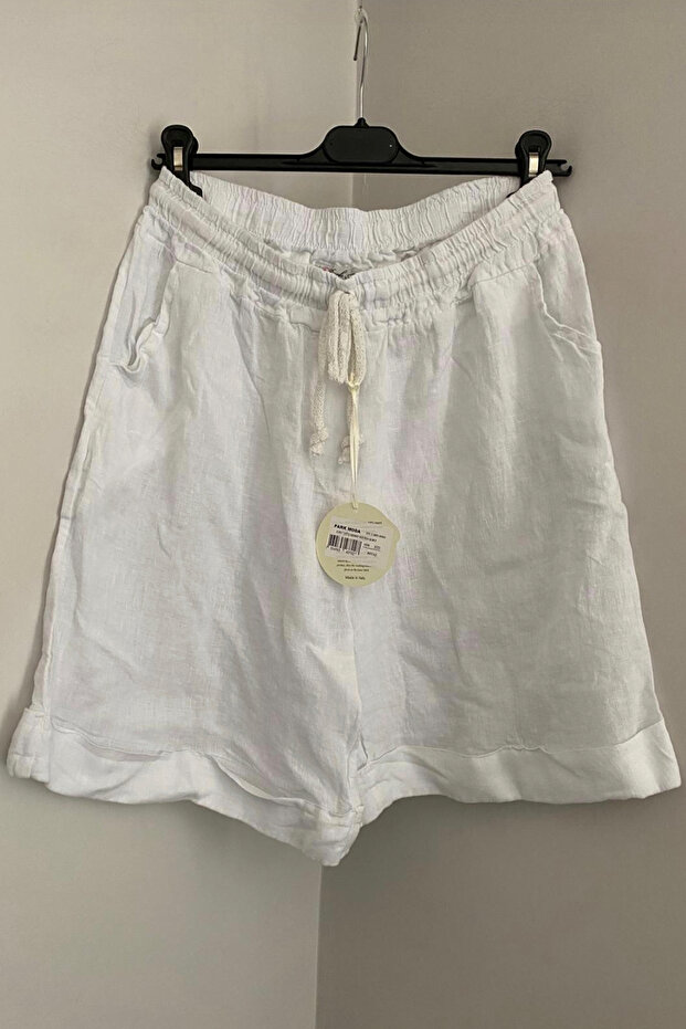 Women's Italian White Elastic Waist Tie-Up Plain Pattern Linen Shorts with Pockets